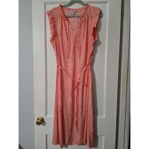 Croft and Barrow Coral White Ditsy Print Midi Dress Women's XL Tie Waist